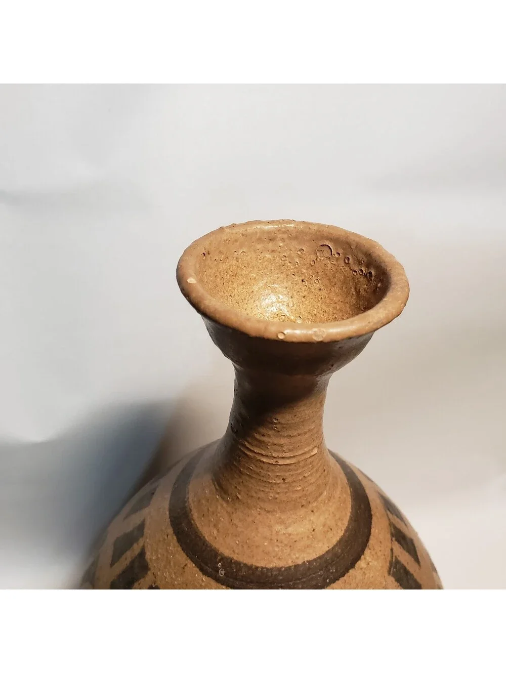 Artist Signed Art Pottery Vase Tall Narrow Neck Brown Pattern Glaze